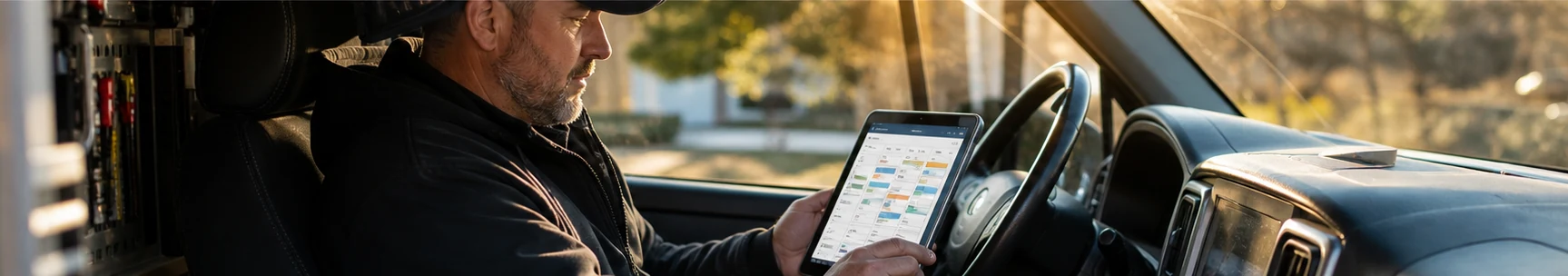 Contractor reviewing booked calls and calendar availability on a tablet