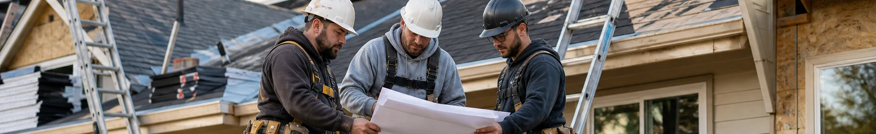Roofing and construction crew reviewing plans at a residential job site