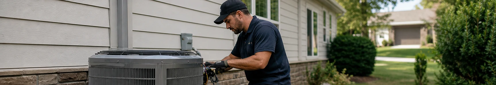 HVAC technician servicing an outdoor condenser at a residential home