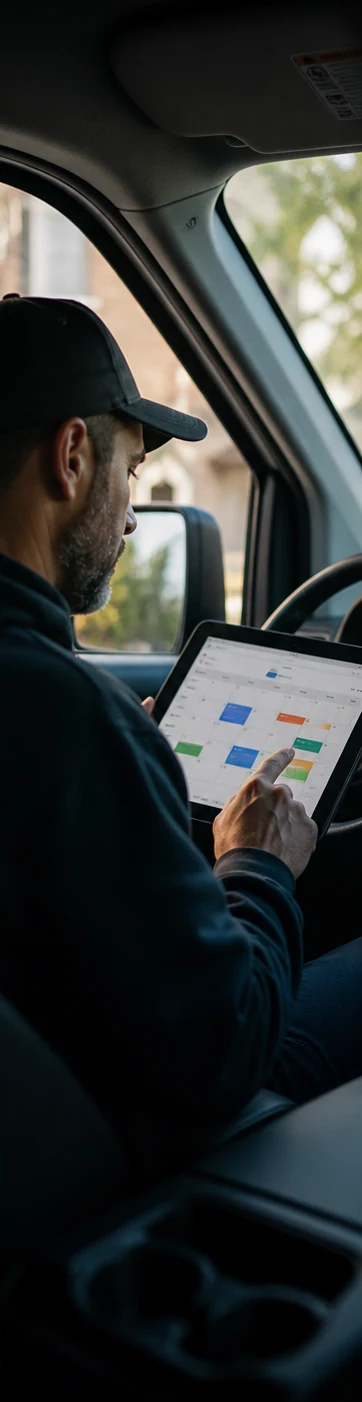 Contractor reviewing a booked-call calendar on a tablet from a service vehicle