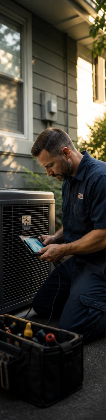 HVAC technician checking diagnostics beside a residential outdoor condenser
