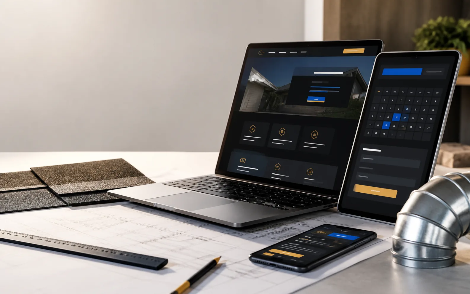 Original contractor website design concept with booking UI, HVAC ductwork, roofing samples, and construction plans